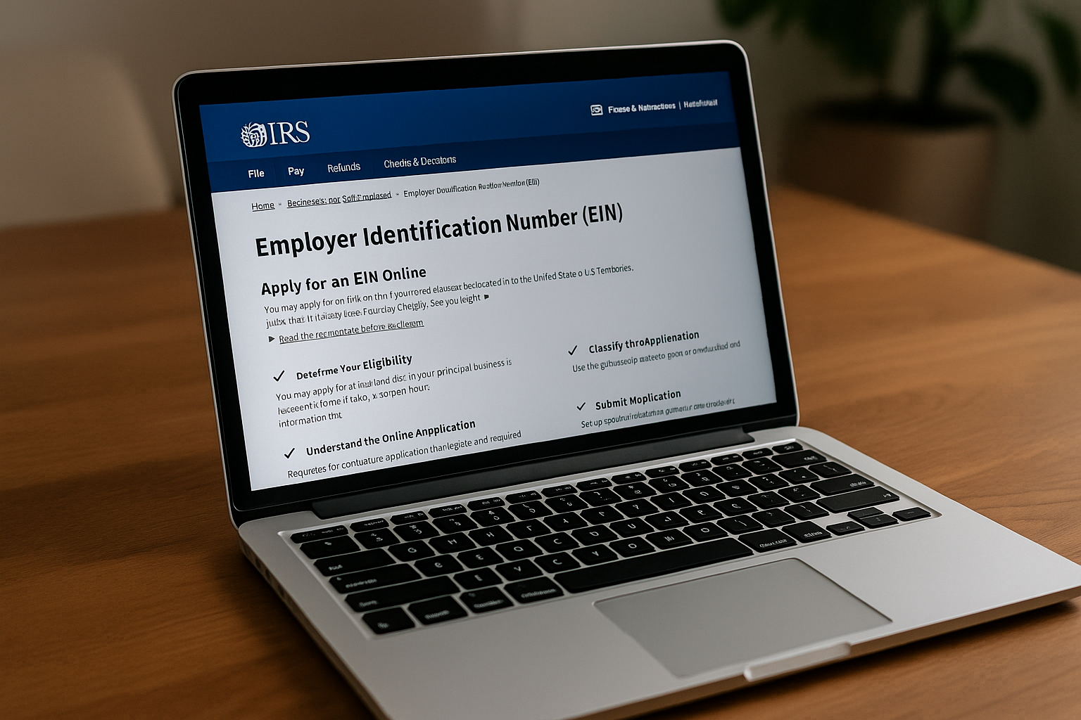 Photograph of a silver laptop on a wooden desk displaying a government tax portal. The screen shows the IRS website's Employer Identification Number (EIN) application page. The background includes a blurred chair and green plant, with natural lighting creating a warm, professional atmosphere.
