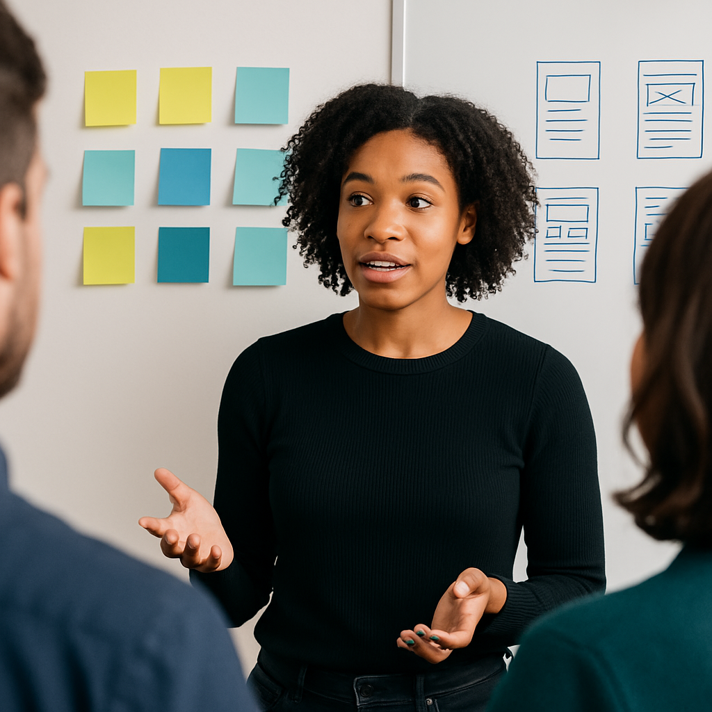Close-up of a young Black woman presenting an idea to colleagues in a modern office. She gestures while speaking, with colorful sticky notes and wireframe mock-ups on the whiteboard behind her, illustrating innovation and team collaboration.