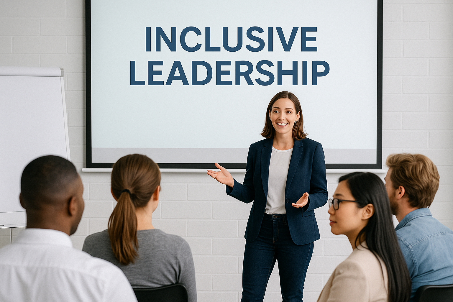 Photo of a professional workshop titled 'Inclusive Leadership' with a diverse group of attendees seated and listening to a smiling female presenter in a navy blazer, standing in front of a projected slide in a bright, modern training room.