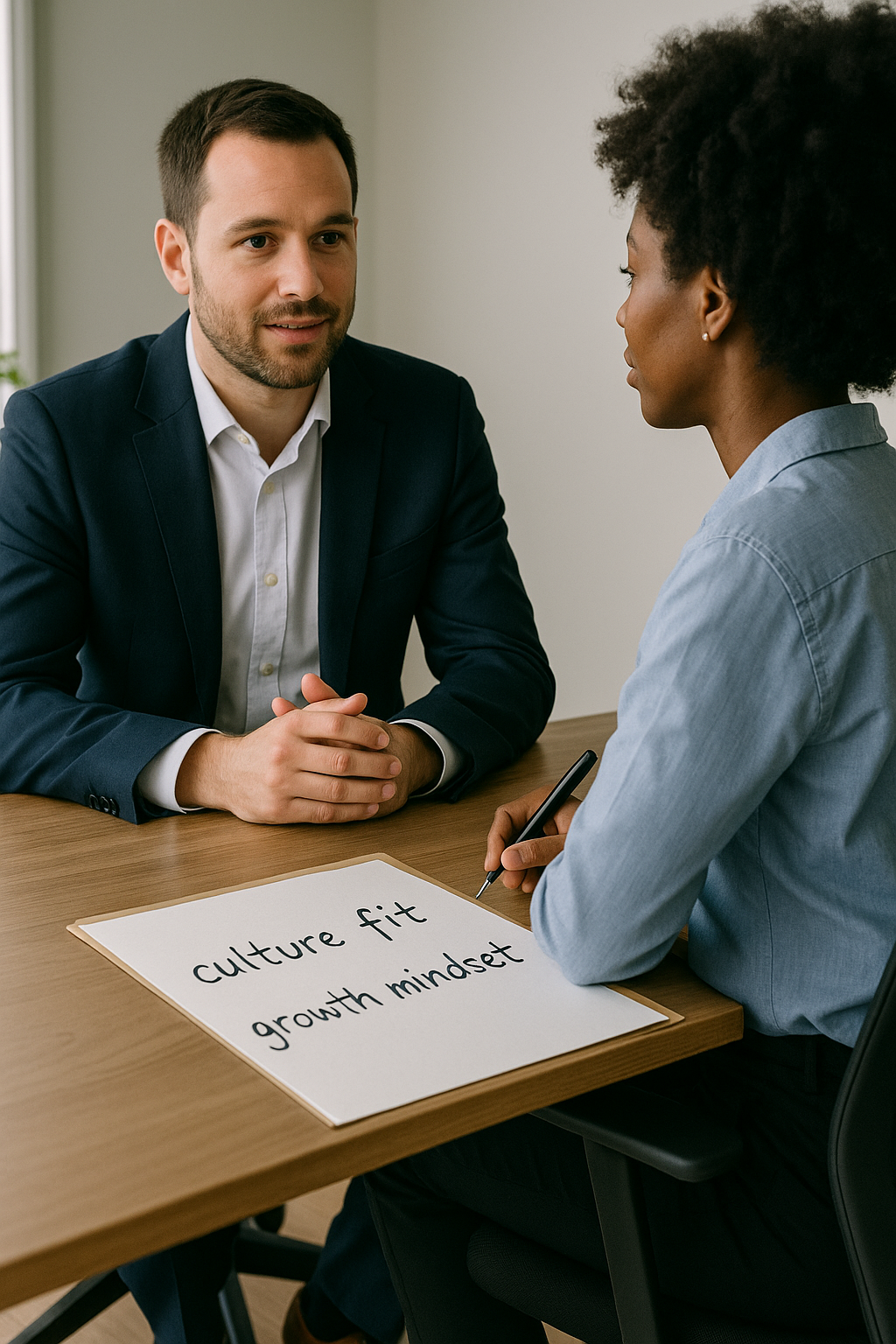 Professional interview scene with a male founder in a navy suit sitting across from a female candidate in a light blue shirt. They are seated at a wooden desk in a well-lit office. On the desk is a sheet of paper with handwritten notes reading “culture fit” and “growth mindset,” emphasizing the interview focus on values and potential.