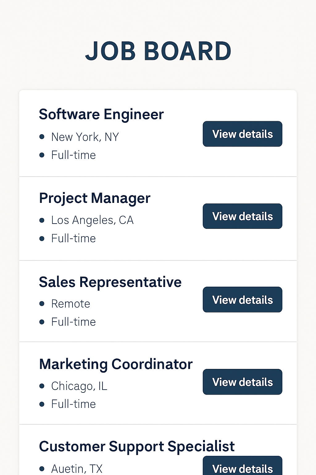 Screenshot-style image of a job board displaying five listings in a clean vertical format. Each listing includes the job title, location, and “Full-time” status, with a dark blue “View details” button on the right.