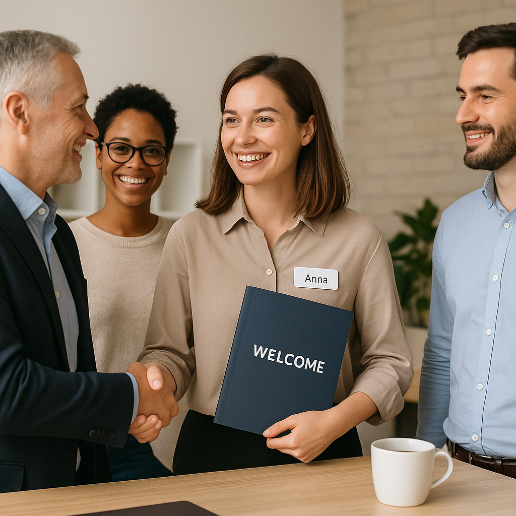 A smiling new hire named Anna is welcomed by a small team in a bright, modern office. She wears a name tag and holds a navy folder labeled “WELCOME” while shaking hands with a gray-haired man in a navy blazer. Two colleagues—an African American woman in glasses and a beige sweater, and a bearded man in a light blue shirt—stand nearby, all smiling. The warm, natural lighting and friendly atmosphere convey a personal and inviting onboarding experience.