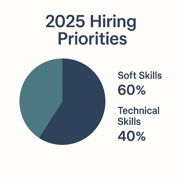 Infographic titled '2025 Hiring Priorities' featuring a pie chart that compares the emphasis on soft skills versus technical skills in hiring decisions. The chart shows 60% allocated to Soft Skills in teal and 40% to Technical Skills in navy blue. Clear labels and percentages are positioned to the right of the chart, all set against a clean light background with bold, sans-serif typography.