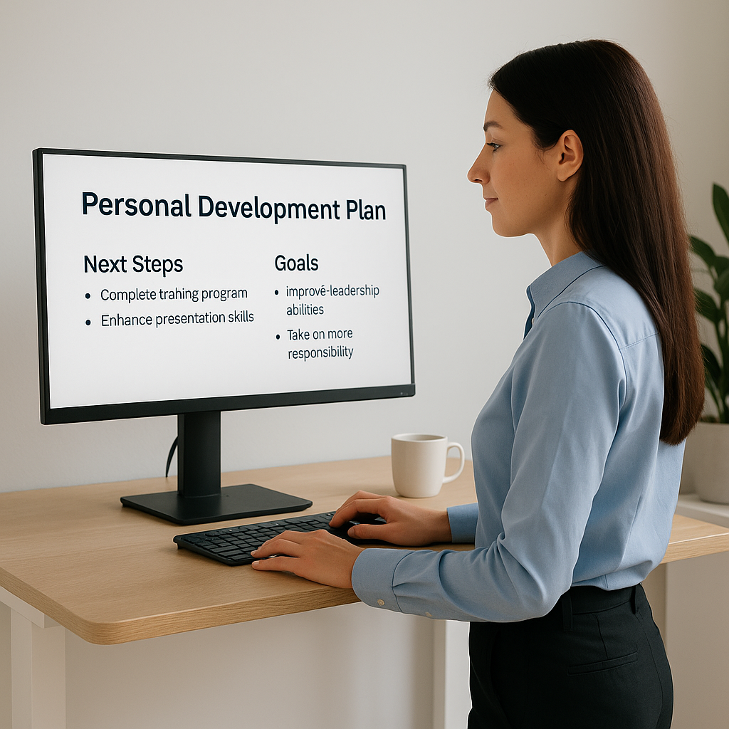 A young professional woman with long brown hair stands at a light wood standing desk, reviewing a Personal Development Plan on a widescreen monitor. The screen displays two sections: “Next Steps” with items like “Complete training program” and “Enhance presentation skills,” and “Goals” including “Improve leadership abilities” and “Take on more responsibility.” She wears a light blue blouse and black trousers, with a white coffee mug and potted plant in the background, creating a modern and focused office setting.