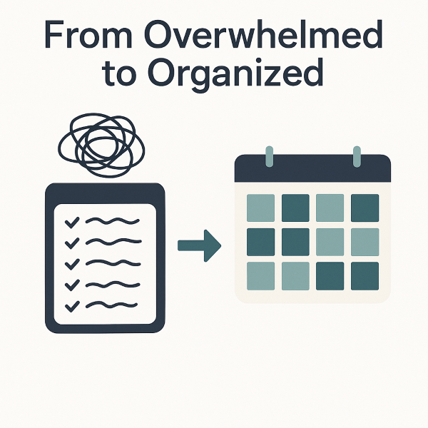 "Illustration titled 'From Overwhelmed to Organized' showing a transformation from a chaotic to-do list to a structured calendar. On the left, a navy checklist with a scribbled tangle above represents disorganization. An arrow points to the right, where a neatly arranged teal and navy calendar symbolizes structure and time management. The design is clean, modern, and set against a light background.