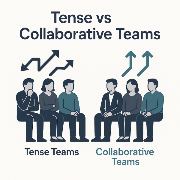 Infographic titled 'Tense vs Collaborative Teams' showing two groups of three people each. On the left, the 'Tense Teams' group has closed body language and jagged arrows pointing in different directions above them, indicating conflict and misalignment. On the right, the 'Collaborative Teams' group appears engaged and relaxed, with upward arrows pointing in the same direction, symbolizing unity and shared goals. The design uses a clean, minimalist style with navy and teal tones on a light background.