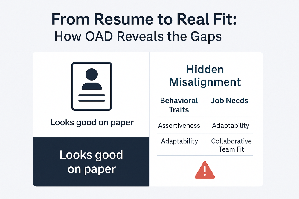 Infographic titled 'From Resume to Real Fit: How OAD Reveals the Gaps' split into two sections. The left side shows a generic resume icon with the caption 'Looks good on paper.' The right side displays a table labeled 'Hidden Misalignment' comparing 'Behavioral Traits' and 'Job Needs,' with examples like 'Assertiveness' vs. 'Adaptability' and 'Adaptability' vs. 'Collaborative Team Fit.' A red warning icon at the bottom highlights the mismatch. The design uses a clean, minimalist style with navy and teal accents on a light background.
