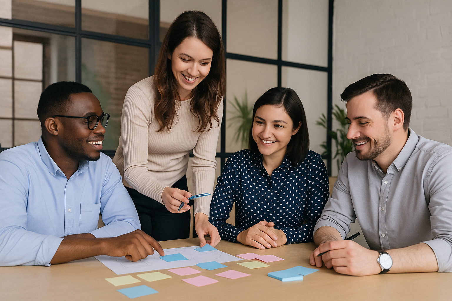 Photo of a diverse team of four professionals collaborating around a table covered with colorful sticky notes during a brainstorming session in a modern office, demonstrating interdepartmental teamwork and creative problem-solving.