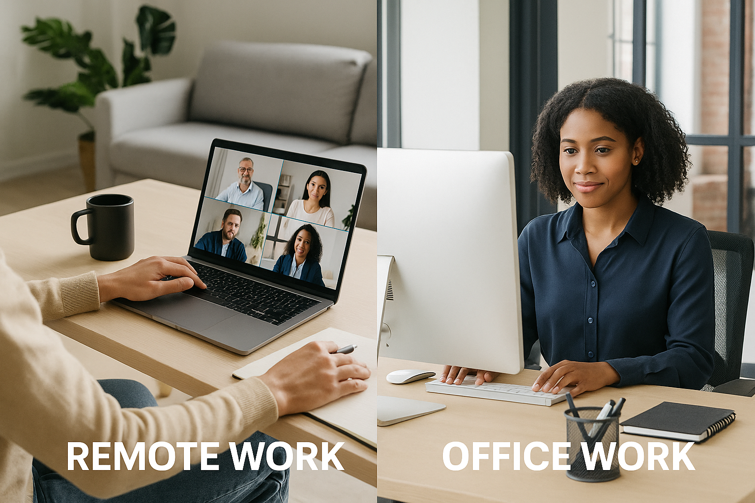 Side-by-side image showing remote work versus office work. The left side features a person attending a video call on a laptop in a cozy home setting labeled 'REMOTE WORK.' The right side shows a woman working at a desktop computer in a modern office labeled 'OFFICE WORK,' illustrating flexible work style options.