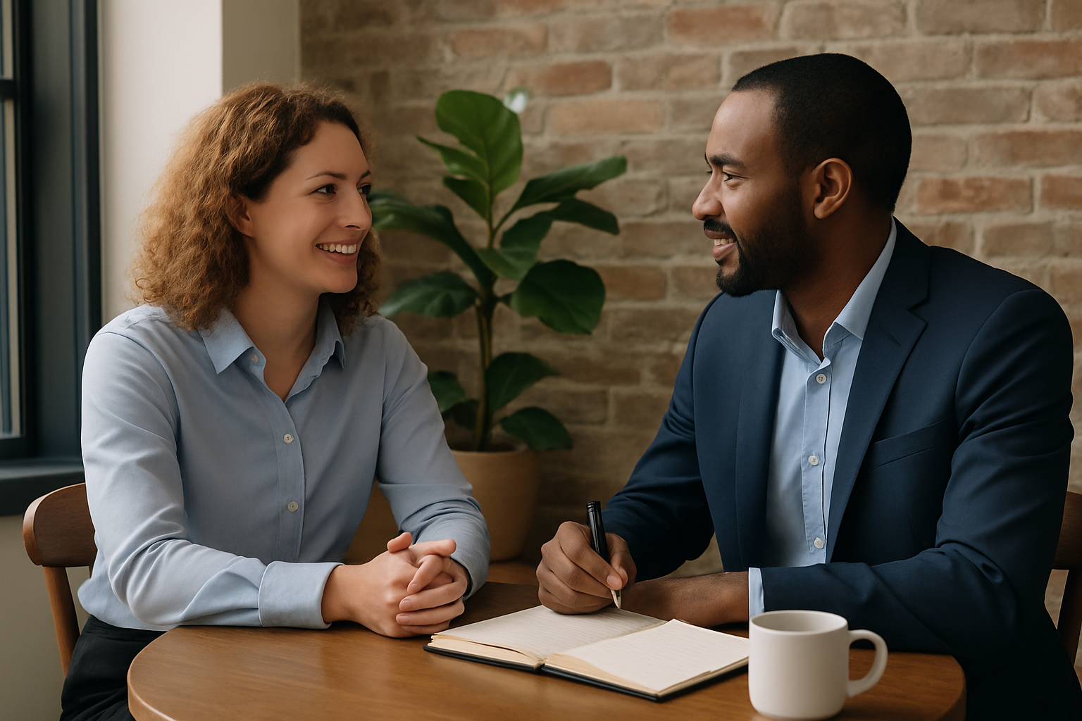 Casual yet professional interview scene in a sunlit café. A woman with curly reddish-brown hair and a man in a navy suit sit across from each other at a small round wooden table. Between them are an open notebook and a white coffee mug. They are smiling and engaged in relaxed conversation, with a brick wall and potted plant in the background, creating a warm and welcoming atmosphere.