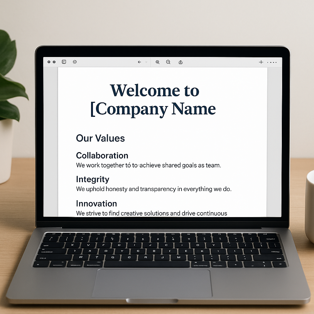 Photo of a silver laptop on a light wooden desk displaying a branded PDF document titled “Welcome to [Company Name].” The screen shows a section labeled “Our Values” with bolded core values: Collaboration, Integrity, and Innovation, each followed by a short description. A white coffee mug sits to the right and a potted green plant to the left, with soft natural lighting creating a clean, professional, and welcoming workspace atmosphere.