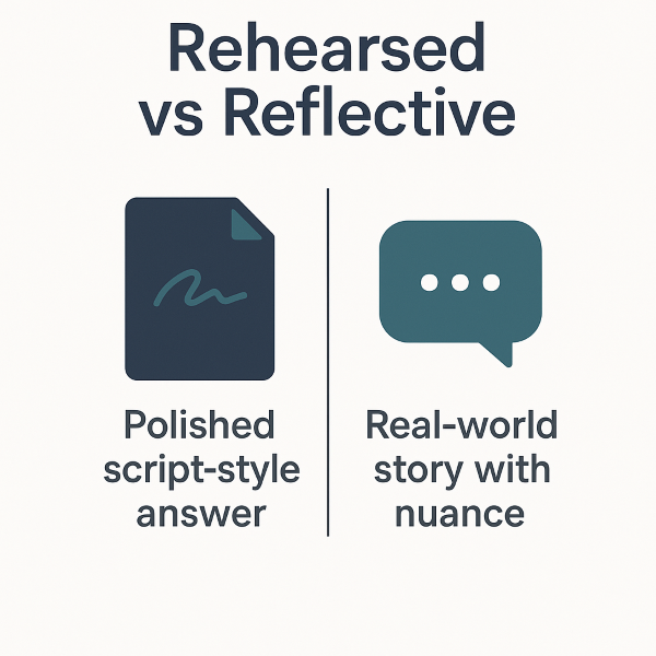 Infographic titled 'Rehearsed vs Reflective' showing a side-by-side comparison of two response styles. On the left, a navy-blue document icon labeled 'Polished script-style answer' represents a rehearsed response. On the right, a teal speech bubble icon labeled 'Real-world story with nuance' represents a thoughtful, authentic answer. The clean, minimalist layout is divided vertically with a light background and modern sans-serif typography.