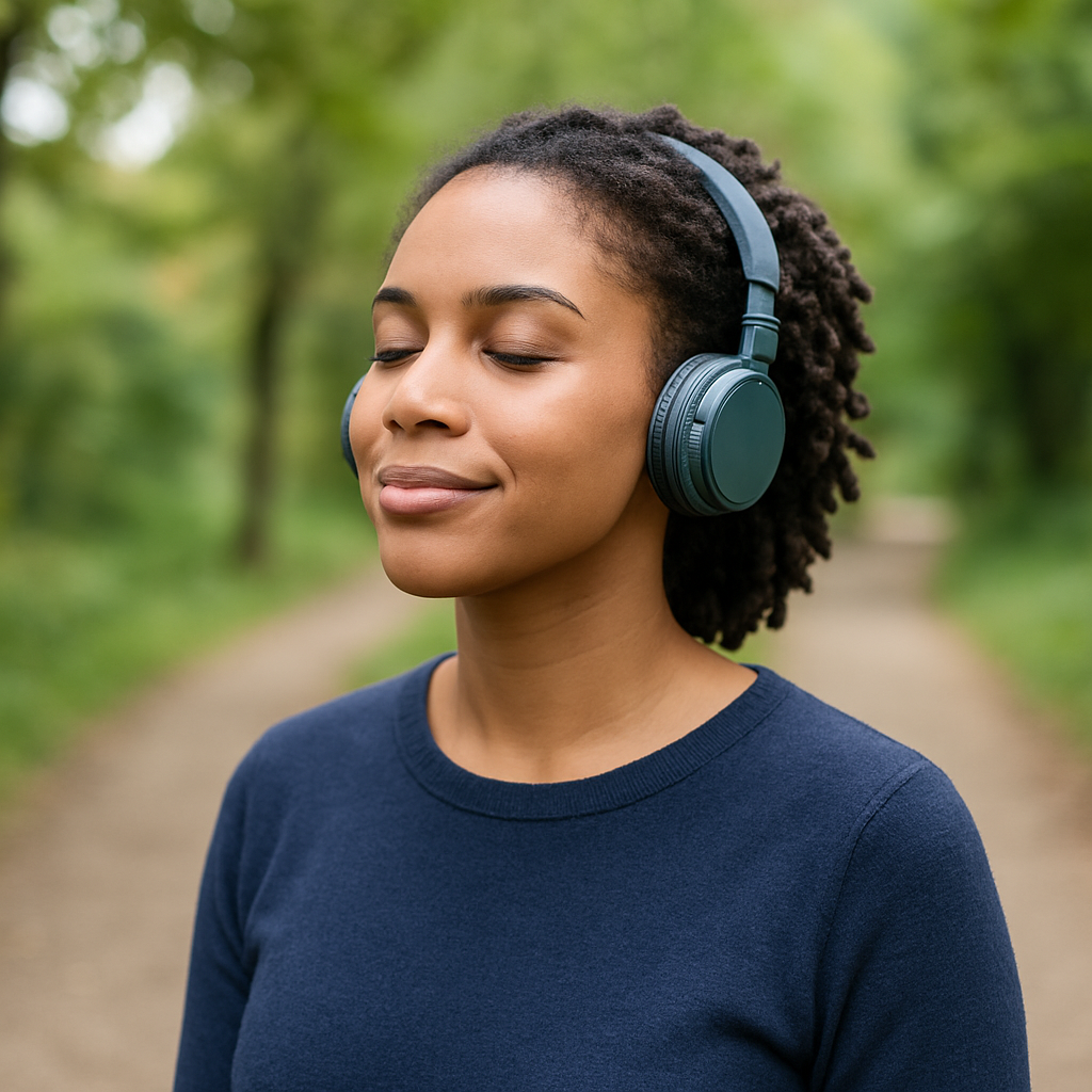 Photo of a young Black woman enjoying a mindfulness moment outdoors, eyes closed and smiling softly while wearing teal over-ear headphones. She stands on a forest path in a navy sweater, surrounded by greenery, capturing a calm and reflective wellness break.
