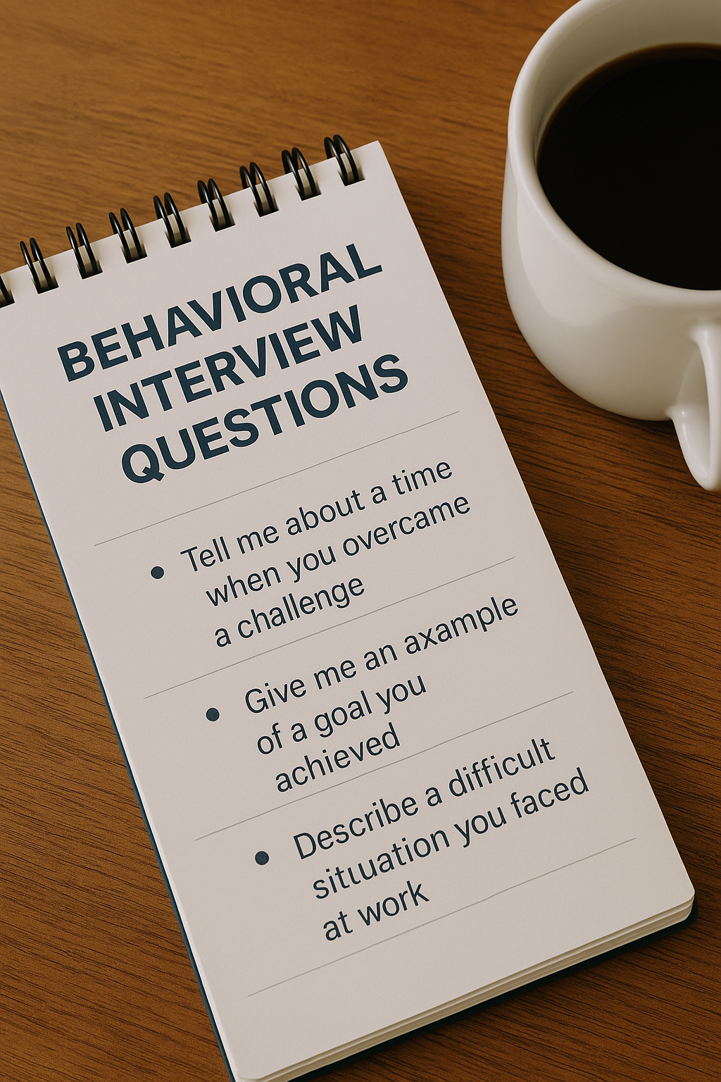 Close-up photo of a notepad on a wooden surface with the heading “Behavioral Interview Questions” in bold navy text. Below the heading are three prompts: “Tell me about a time when you overcame a challenge,” “Give me an example of a goal you achieved,” and “Describe a difficult situation you faced at work.” A white ceramic coffee cup filled with black coffee sits to the right of the notepad, creating a warm, focused, and professional composition.