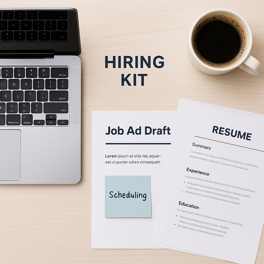 Flat lay photo of a hiring kit on a light wooden surface. The image includes a silver laptop, a printed “Job Ad Draft” with a sticky note labeled “Scheduling,” a stack of resumes with headings for Summary, Experience, and Education, and a white coffee mug filled with black coffee. The words “HIRING KIT” are centered at the top in bold navy text, creating a clean and organized visual of recruitment preparation.