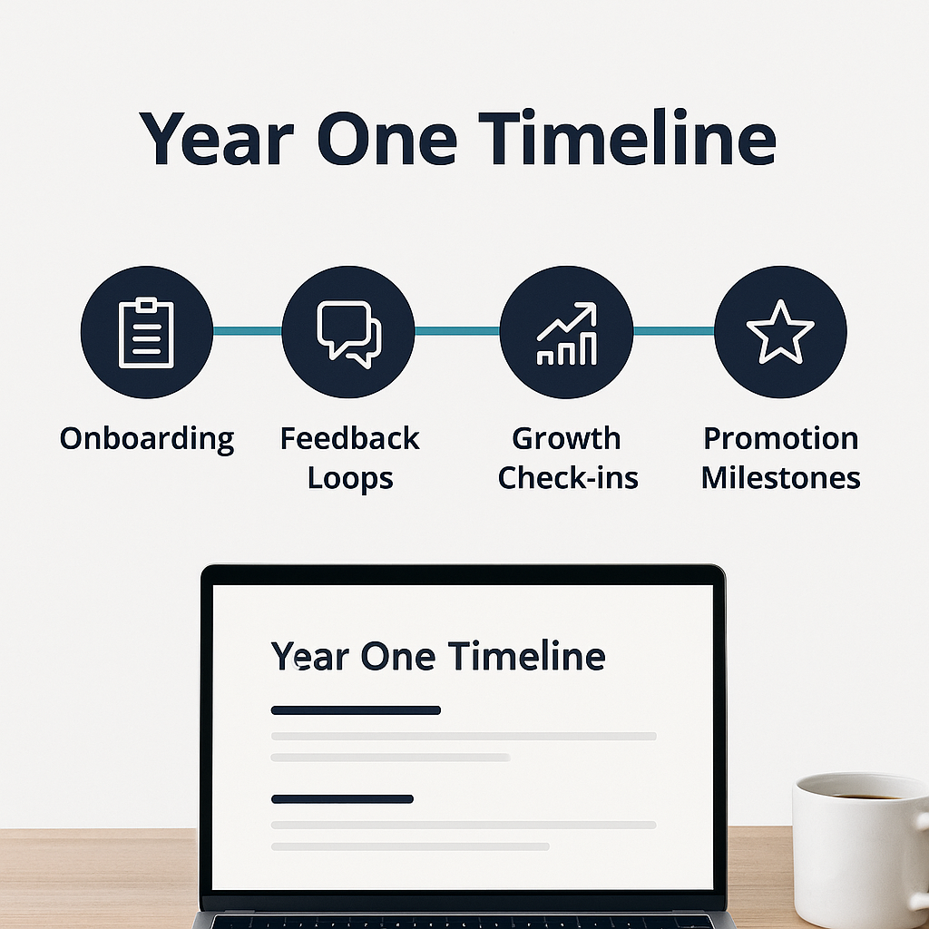 Infographic titled “Year One Timeline” on a light gray background. Four circular icons connected by a teal line represent key employee development stages: Onboarding (clipboard icon), Feedback Loops (speech bubbles), Growth Check-ins (bar chart with arrow), and Promotion Milestones (star). Below the graphic is a laptop displaying the same title, with blurred lines suggesting text. A white coffee mug sits beside the laptop, reinforcing a modern, professional workspace.