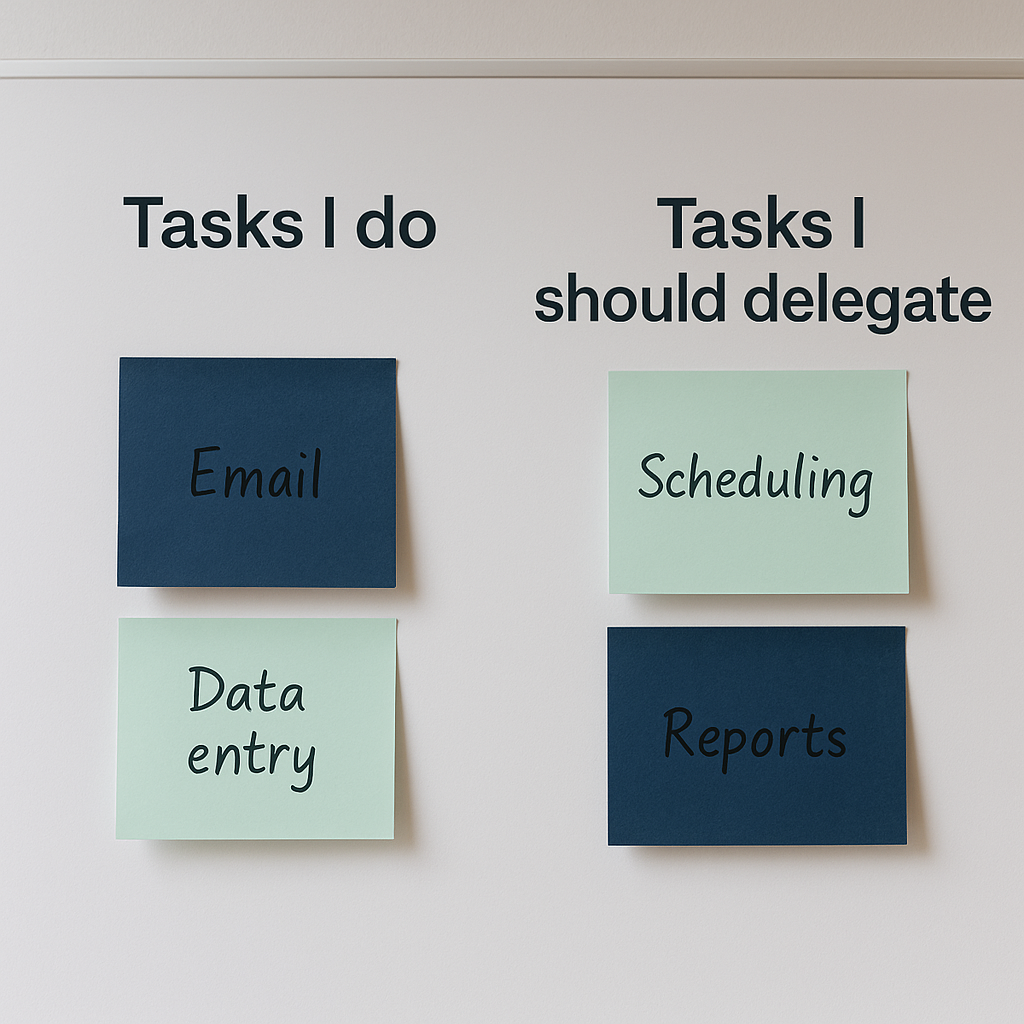 Photo of a whiteboard divided into two labeled sections: “Tasks I do” on the left and “Tasks I should delegate” on the right. Each section contains two sticky notes. Under “Tasks I do,” the notes read “Email” and “Data entry.” Under “Tasks I should delegate,” the notes read “Scheduling” and “Reports.” The sticky notes are in navy blue and soft pastel green, arranged neatly in a minimalist workspace setting.