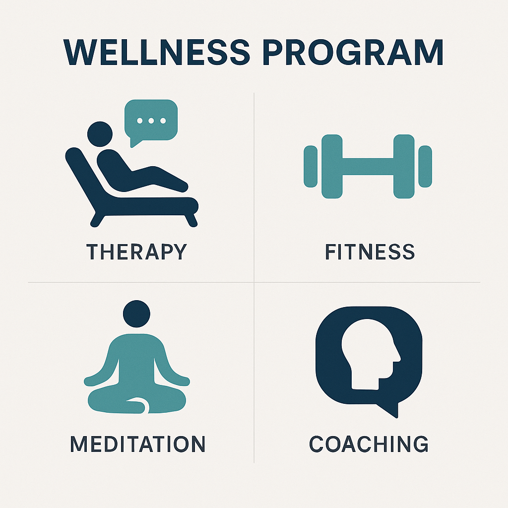 Infographic titled 'Wellness Program' showing four square sections with icons and labels: a person in a therapy session, a barbell for fitness, a meditating figure for meditation, and a head inside a speech bubble for coaching. The design uses navy, teal, and gray on an off-white background to emphasize accessible mental health support.