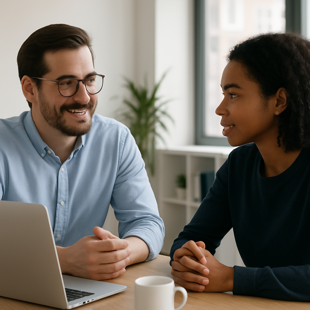 Photo of a manager and team member having a one-on-one conversation in a bright, modern office. The manager, a smiling man in glasses, listens and engages warmly with the team member, a young woman seated across from him, illustrating trust and support in the workplace.