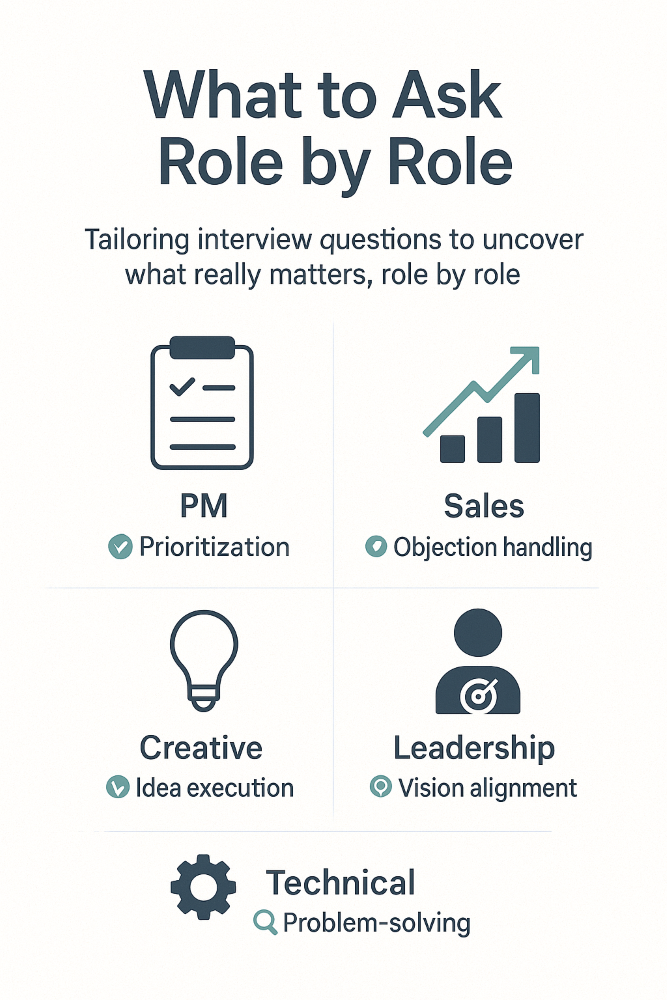 Infographic titled 'What to Ask, Role by Role' with a subtitle that reads 'Tailoring interview questions to uncover what really matters, role by role.' The graphic displays five job roles in a grid format, each with an icon and a key interview theme: PM (Prioritization with a clipboard icon), Sales (Objection handling with a bar chart icon), Creative (Idea execution with a lightbulb icon), Leadership (Vision alignment with a target icon), and Technical (Problem-solving with a gear icon). The design uses navy and teal tones on a clean, light background.