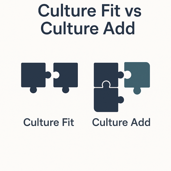 Infographic titled 'Culture Fit vs Culture Add' showing two puzzle-based visuals. On the left, two matching navy-blue puzzle pieces connect seamlessly under the label 'Culture Fit.' On the right, three pieces are shown: two connected navy pieces and a uniquely shaped teal puzzle piece being added, representing 'Culture Add.' The graphic illustrates the difference between hiring for similarity versus expanding team capability through diversity.