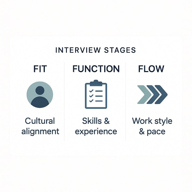 Clean, split-panel graphic titled 'Interview Stages' featuring three vertical sections labeled Fit, Function, and Flow. Each section includes a minimalist icon: a user silhouette for Fit (Cultural alignment), a clipboard with checkmarks for Function (Skills & experience), and three right-facing arrows for Flow (Work style & pace). The design uses navy and soft teal tones on a white background with clear sans-serif typography.