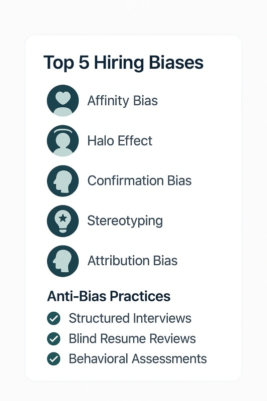 A clean infographic titled “Top 5 Hiring Biases” lists five common biases—Affinity Bias, Halo Effect, Confirmation Bias, Stereotyping, and Attribution Bias—each with a simple teal icon beside it. Below, a bold subheading reads “Anti-Bias Practices,” followed by a checklist of strategies: Structured Interviews, Blind Resume Reviews, and Behavioral Assessments, each marked with a green checkmark. 