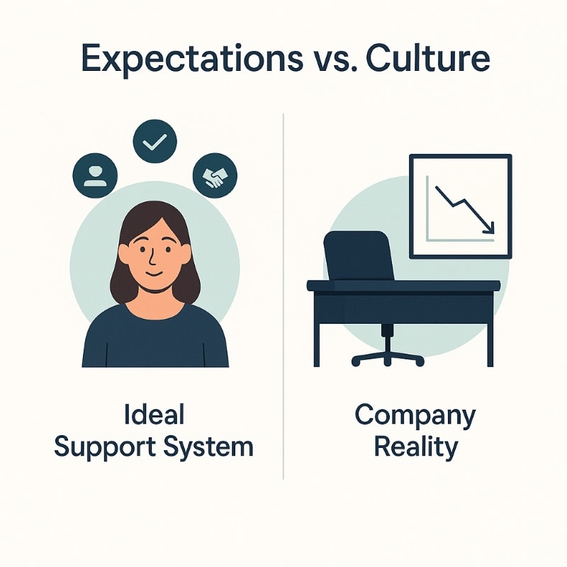 Infographic titled “Expectations vs. Culture,” showing two contrasting panels. On the left, a smiling candidate is surrounded by supportive icons — a checkmark, handshake, and profile symbol — labeled “Ideal Support System.” On the right, a sparse office desk and a chart with a downward trend represent the “Company Reality.” The visual highlights potential alignment or mismatch between a candidate’s expectations and the actual workplace culture. Designed in a minimalist style with navy, teal, and off-white tones.