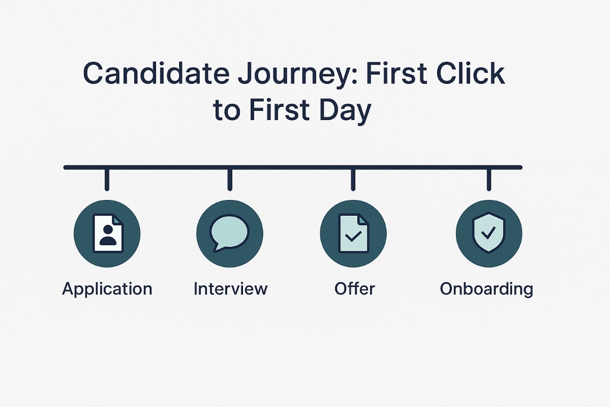 A clean, minimalist infographic titled "Candidate Journey: First Click to First Day" on a light gray background. A horizontal timeline with four evenly spaced steps is shown using teal icons and navy text. The stages are: Application (document icon with profile image), Interview (speech bubble icon), Offer (document with checkmark icon), Onboarding (shield with checkmark icon). Each stage is visually connected by a straight line, representing a smooth progression through the hiring process.