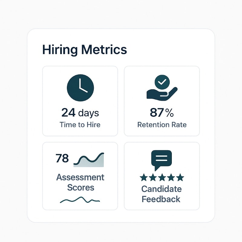 A modern hiring metrics dashboard mock-up featuring four key performance indicators: “Time to Hire” with a clock icon showing 24 days, “Retention Rate” with a hand and checkmark icon showing 87%, “Assessment Scores” with a trend line icon showing a score of 78, and “Candidate Feedback” with a speech bubble and five stars.