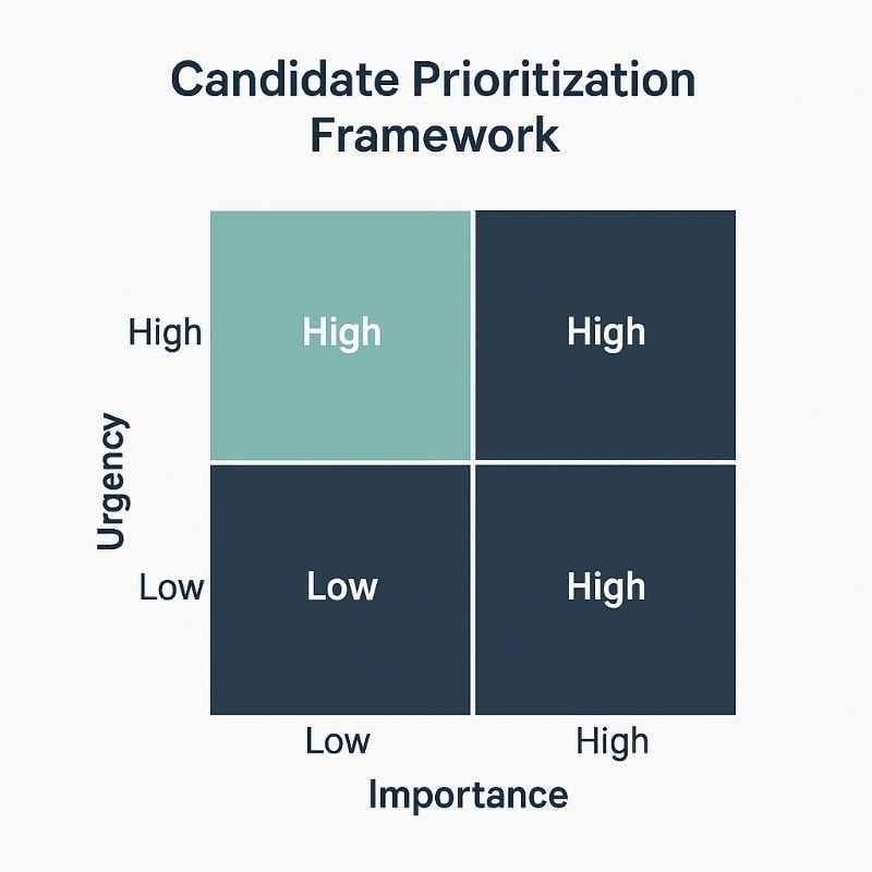 "A clean 2x2 Eisenhower-style matrix titled 'Candidate Prioritization Framework' with axes labeled 'Urgency' (vertical) and 'Importance' (horizontal). The four quadrants are color-coded in navy and soft teal. The top-left quadrant ('High Urgency, Low Importance') is highlighted in soft teal, while the others use deep navy tones. The layout is minimalist with white background, sans-serif typography, and a modern, professional aesthetic matching OAD’s brand."