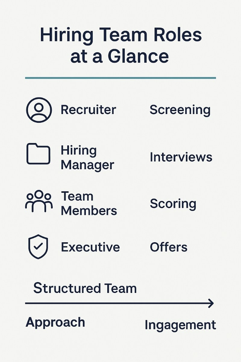 A clean infographic titled "Hiring Team Roles at a Glance" on a light gray background. The graphic lists four hiring team roles in the left column, each with a simple navy icon: Recruiter – Screening Hiring Manager – Interviews Team Members – Scoring Executive – Offers At the bottom is a horizontal arrow labeled "Structured Team" with endpoints marked "Approach" and "Engagement," emphasizing how defined roles lead to better hiring outcomes. The design uses modern sans-serif text, clear spacing, and a navy/teal color scheme.