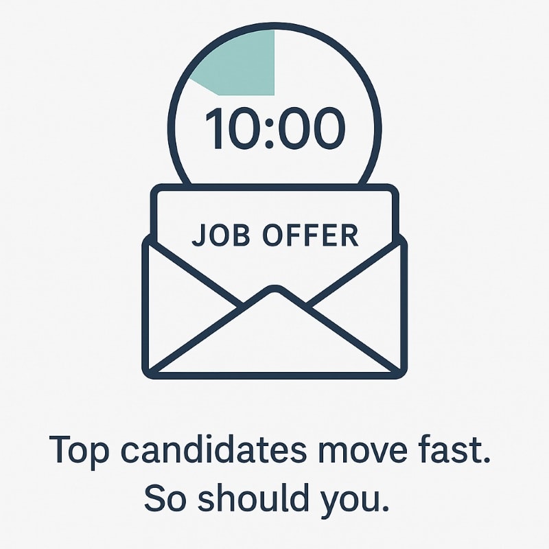 Minimalist illustration showing a countdown timer reading '10:00' emerging from an envelope labeled 'JOB OFFER.' Below the image, the caption reads: 'Top candidates move fast. So should you.' The design uses a clean, flat style with navy, teal, and light gray tones, emphasizing urgency in the hiring process.
