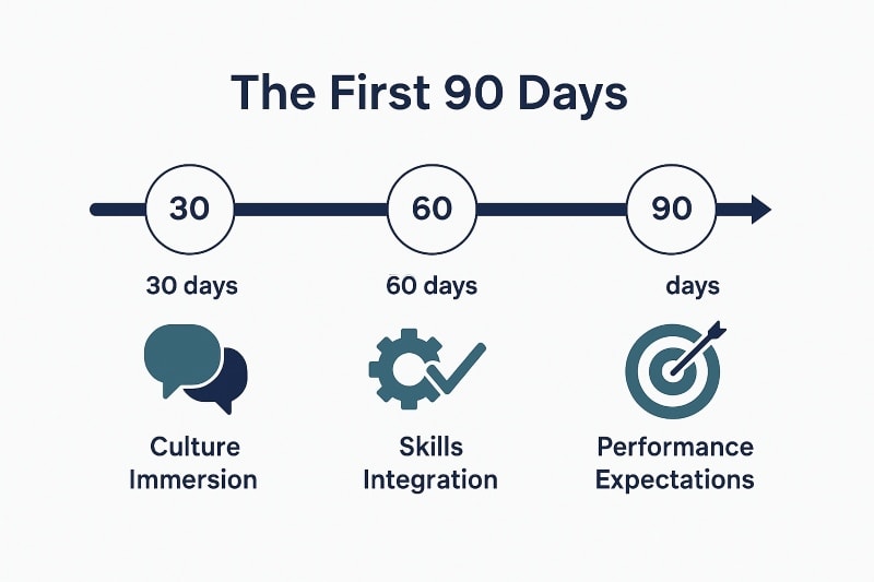 A minimalist timeline graphic titled “The First 90 Days” shows three onboarding phases: 30 days for “Culture Immersion” with speech bubble icons, 60 days for “Skills Integration” with a gear and checkmark icon, and 90 days for “Performance Expectations” with a target and arrow icon. The design uses a clean layout with deep navy, teal, and gray tones on a light background.