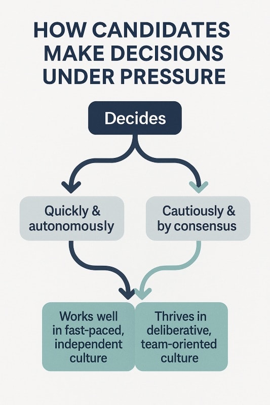 A flowchart titled “How Candidates Make Decisions Under Pressure” illustrates two decision-making paths. Starting from a box labeled “Decides,” the chart branches into two styles: “Quickly & autonomously,” leading to “Works well in fast-paced, independent culture,” and “Cautiously & by consensus,” leading to “Thrives in deliberative, team-oriented culture.” The design uses navy blue and soft teal in a clean, minimalist layout to highlight how different decision styles align with different company cultures.