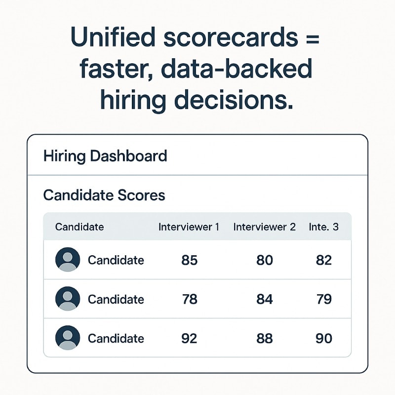 Screenshot of a collaborative hiring dashboard displaying candidate evaluation scores from multiple interviewers, organized in a clean table layout. The interface highlights alignment in scoring and streamlines comparison, emphasizing data-backed decision-making.