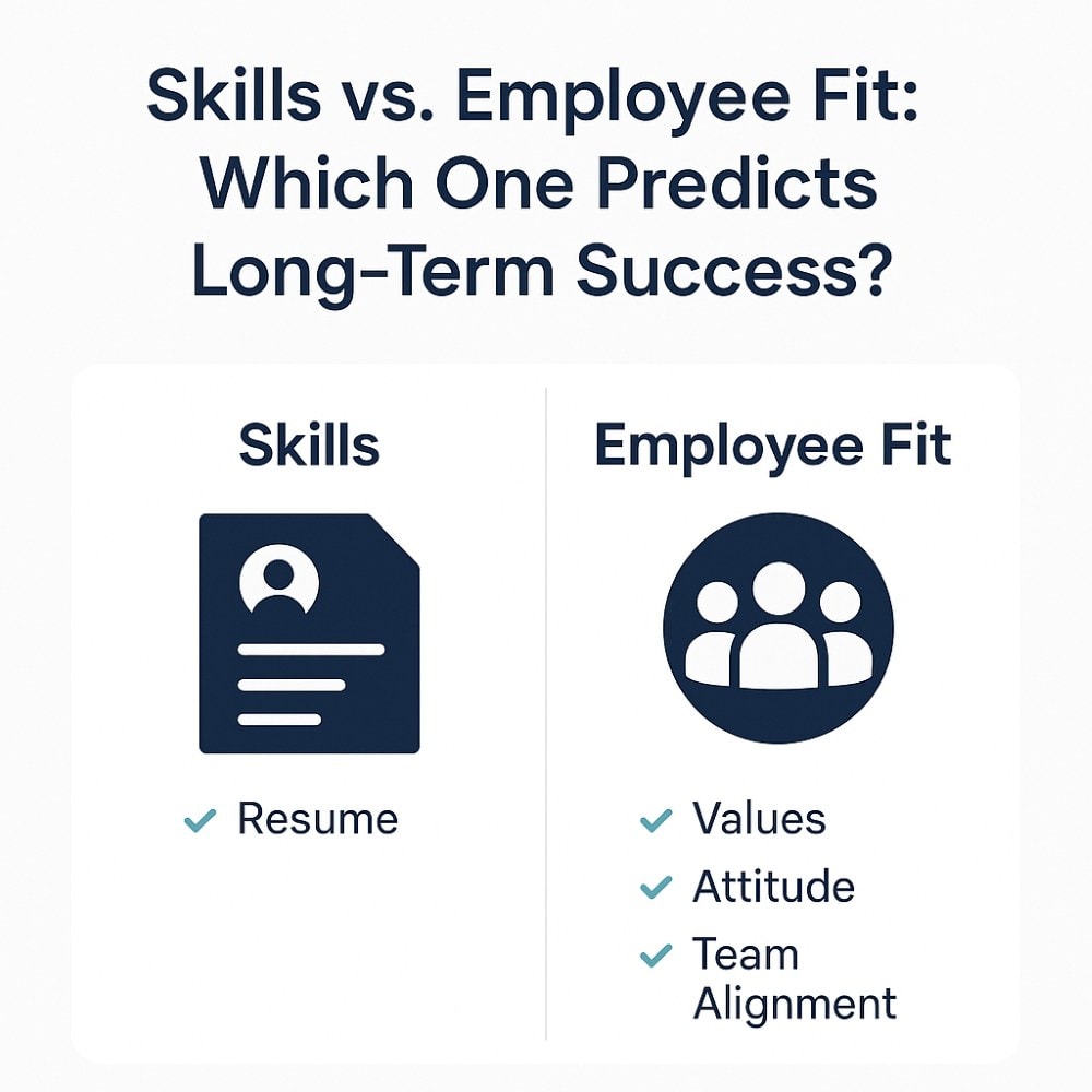 Side-by-side comparison chart titled “Skills vs. Employee Fit: Which One Predicts Long-Term Success?” On the left, under "Skills," is a resume icon with a checkmark and the label "Resume." On the right, under "Employee Fit," is an icon of three people with checkmarks next to "Values," "Attitude," and "Team Alignment." The design uses a clean, modern layout with a white background and navy, teal, and gray tones. ChatGPT fragen