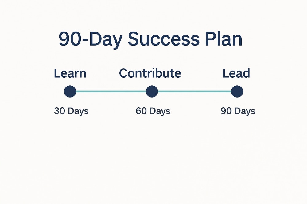 Minimalist timeline graphic titled '90-Day Success Plan' with three evenly spaced milestones along a horizontal teal line. The milestones are labeled 'Learn' at 30 Days, 'Contribute' at 60 Days, and 'Lead' at 90 Days. Each milestone is marked by a navy blue circle, with clear sans-serif text on a white background for a clean, professional look.