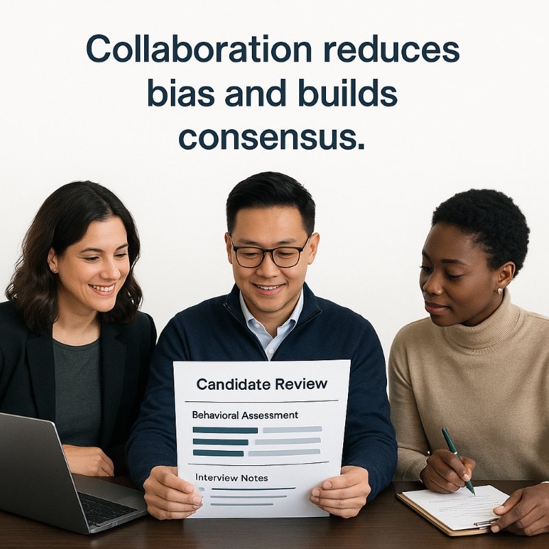 Photo of a diverse hiring panel reviewing a document titled 'Candidate Review' with sections for 'Behavioral Assessment' and 'Interview Notes.' An Asian man in glasses holds the paper while a Caucasian woman with a laptop and a Black woman with a clipboard sit beside him, all engaged in discussion. Above them, the caption reads: 'Collaboration reduces bias and builds consensus.'