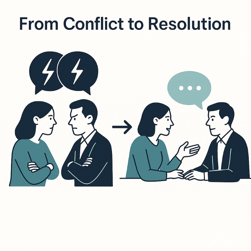 Two-panel illustration showing a professional conflict turning into a constructive dialogue: the first panel depicts two people with crossed arms and lightning bolt icons above their heads; the second shows them sitting calmly, engaging in conversation with speech bubbles, symbolizing conflict resolution.