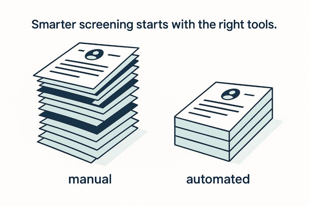 Two stacks of resumes side by side. The left stack, labeled 'manual,' is tall and disorganized. The right stack, labeled 'automated,' is shorter and neatly aligned. Above the image is the caption: 'Smarter screening starts with the right tools.'