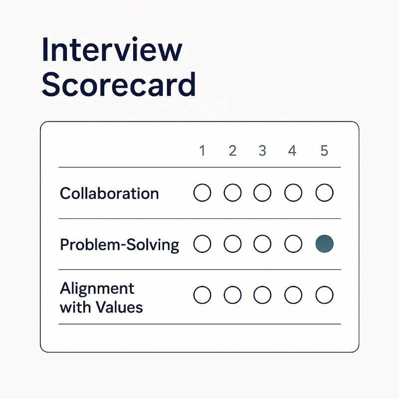 A minimalist interview scorecard graphic with three rows: “Collaboration,” “Problem-Solving,” and “Alignment with Values.” Each row has a 1–5 rating scale represented by circles. The “Problem-Solving” row is marked with a teal-filled circle at position 4. Designed in OAD brand colors on a light gray background.