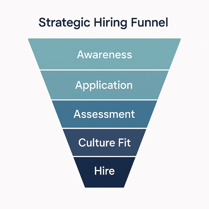 Modern 2D graphic of a 'Strategic Hiring Funnel' with five horizontal layers arranged vertically in an inverted pyramid. Each layer is labeled from top to bottom: Awareness, Application, Assessment, Culture Fit, and Hire. The funnel transitions in color from light teal at the top to deep navy blue at the bottom, with clean sans-serif typography on a white background for a professional, minimalist look.