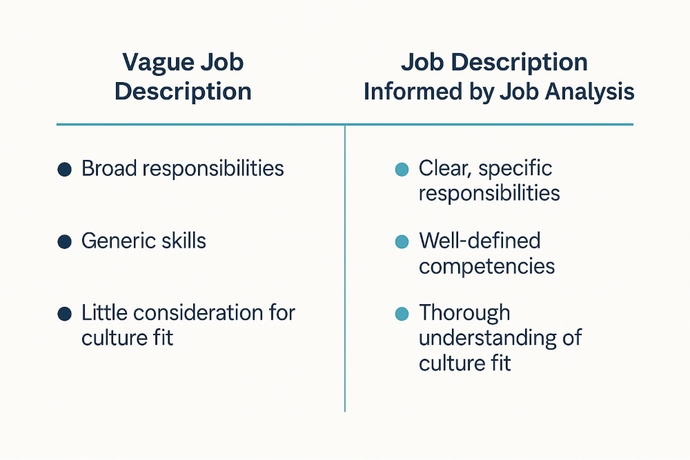 A side-by-side comparison chart showing “Vague Job Description” on the left and “Job Description Informed by Job Analysis” on the right. The vague side lists: “Broad responsibilities,” “Generic skills,” and “Little consideration for culture fit.” The job analysis side lists: “Clear, specific responsibilities,” “Well-defined competencies,” and “Thorough understanding of culture fit.” ChatGPT fragen