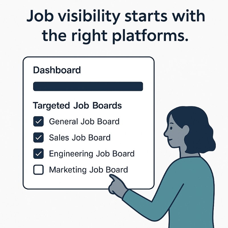 Illustration of a hiring manager interacting with a job posting dashboard. The dashboard shows checkboxes next to four options: General Job Board, Sales Job Board, Engineering Job Board (all selected), and Marketing Job Board (unchecked). Above the dashboard is the caption: 'Job visibility starts with the right platforms.' The design uses a clean, minimalist style with navy, teal, and white tones.