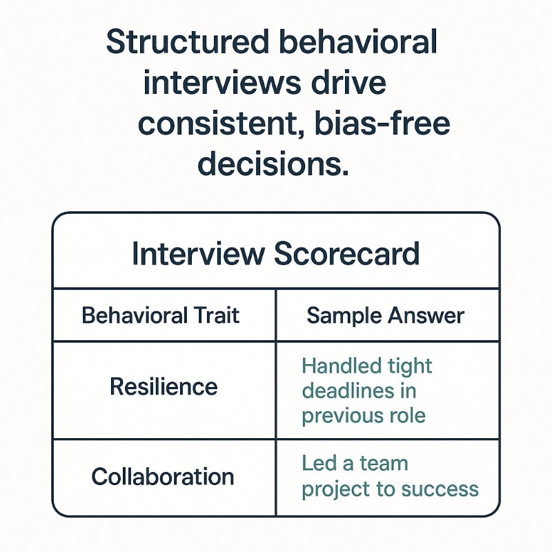 Illustration of an interview scorecard with two columns labeled 'Behavioral Trait' and 'Sample Answer.' The traits listed are 'Resilience' with the answer 'Handled tight deadlines in previous role' and 'Collaboration' with the answer 'Led a team project to success.' Above the table, the caption reads: 'Structured behavioral interviews drive consistent, bias-free decisions.'