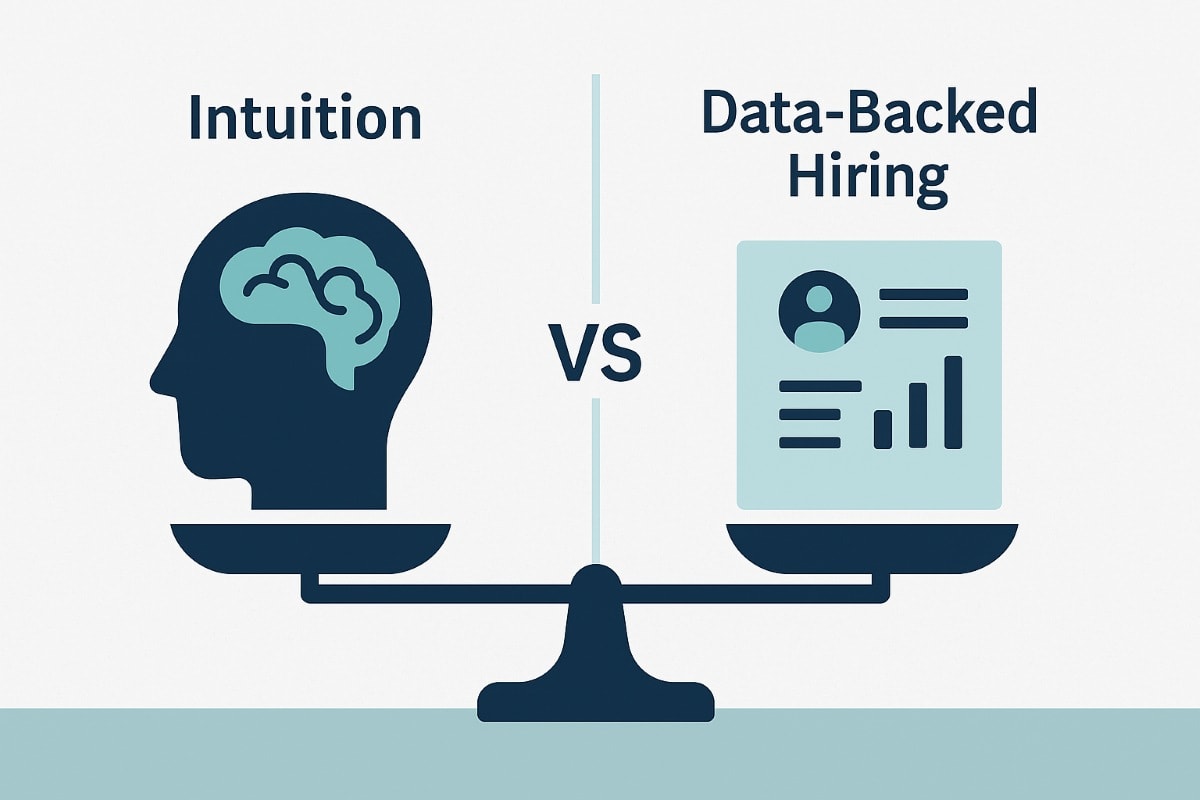 A split-screen illustration compares intuition-based hiring to data-backed hiring. On the left, a silhouette of a human head with a stylized brain represents gut-feel decisions. On the right, an icon of a candidate profile with bar charts symbolizes data-driven hiring. Both are balanced on a scale, visually contrasting subjective intuition with objective behavioral science. The design uses a clean, modern palette of navy blue, charcoal, and soft teal.
