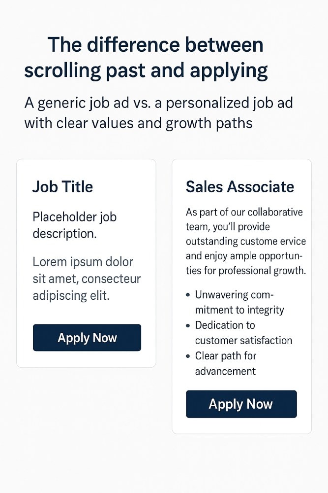 A comparison graphic showing two job ad cards side by side. The left card is labeled “Job Title” with a placeholder description and a dark blue “Apply Now” button. The right card is labeled “Sales Associate” and includes a detailed description highlighting team collaboration, growth opportunities, and core values like integrity and customer satisfaction, followed by an “Apply Now” button. Above the cards, the heading reads: “The difference between scrolling past and applying,” with a subheading that says: “A generic job ad vs. a personalized job ad with clear values and growth paths.”