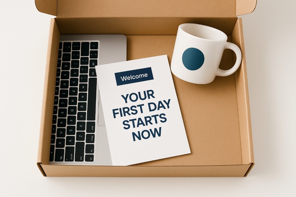 Photograph of a new employee welcome kit inside a cardboard box, featuring a silver laptop, a white mug with a teal circle logo, and a printed welcome letter. The letter reads 'Welcome' and 'YOUR FIRST DAY STARTS NOW' in bold navy blue text. The layout is clean and minimal, with a soft neutral background and modern, professional styling.
