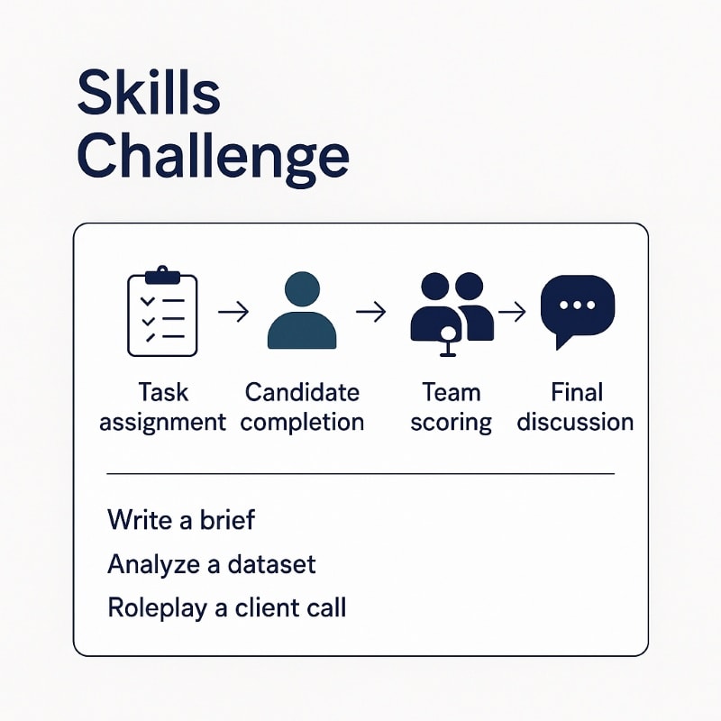 A clean flowchart titled “Skills Challenge” showing four steps: Task assignment, Candidate completion, Team scoring, and Final discussion. Each step is represented by a simple navy or teal icon and connected by arrows. Below the chart are sample tasks: “Write a brief,” “Analyze a dataset,” and “Roleplay a client call.”